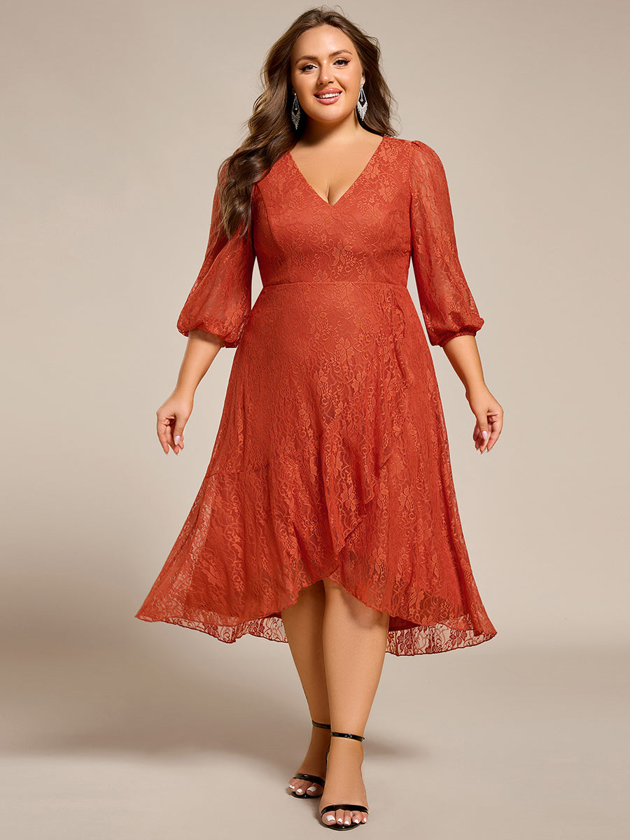 Romantic Long Sleeve High-Low Lace Wedding Guest Dress with Ruffle Details #color_Burnt Orange