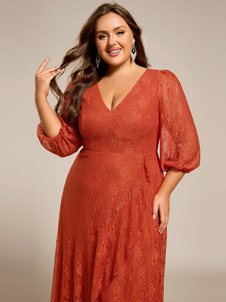 Romantic Long Sleeve High-Low Lace Wedding Guest Dress with Ruffle Details #color_Burnt Orange