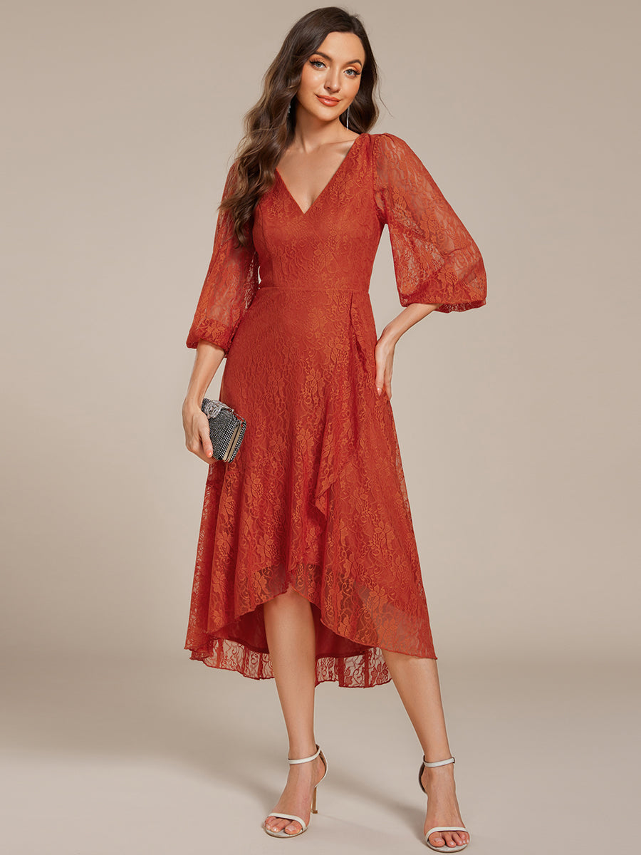 Romantic Long Sleeve High-Low Lace Wedding Guest Dress with Ruffle Details #color_Burnt Orange