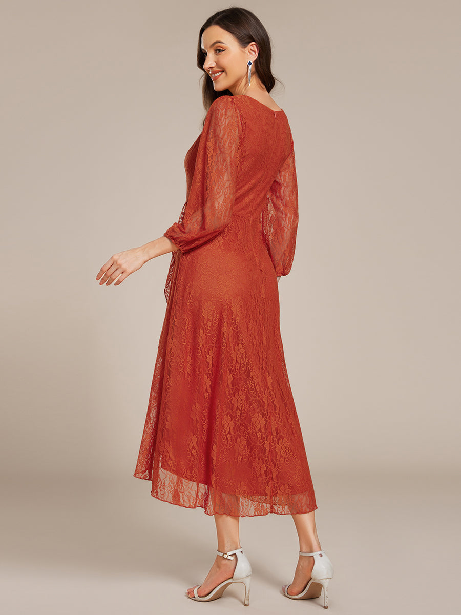 Romantic Long Sleeve High-Low Lace Wedding Guest Dress with Ruffle Details #color_Burnt Orange