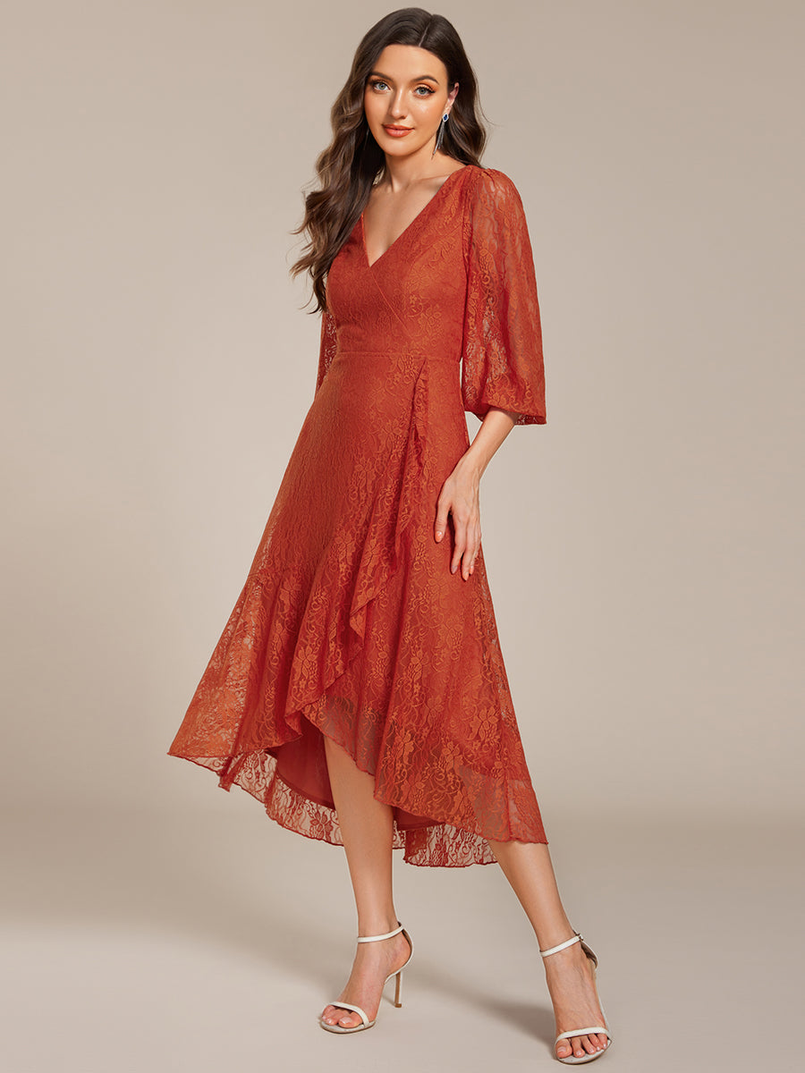 Romantic Long Sleeve High-Low Lace Wedding Guest Dress with Ruffle Details #color_Burnt Orange