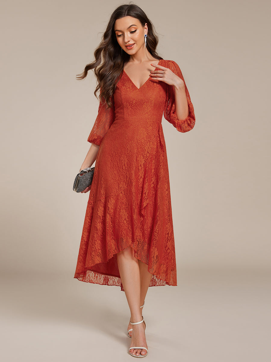 Romantic Long Sleeve High-Low Lace Wedding Guest Dress with Ruffle Details #color_Burnt Orange