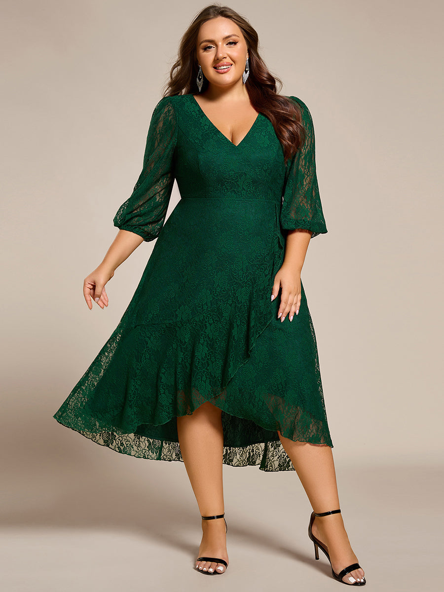 Romantic Long Sleeve High-Low Lace Wedding Guest Dress with Ruffle Details #color_Dark Green