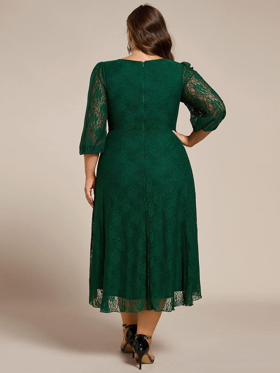 Romantic Long Sleeve High-Low Lace Wedding Guest Dress with Ruffle Details #color_Dark Green