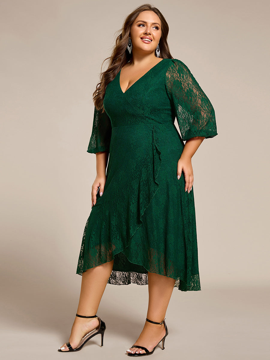 Romantic Long Sleeve High-Low Lace Wedding Guest Dress with Ruffle Details #color_Dark Green