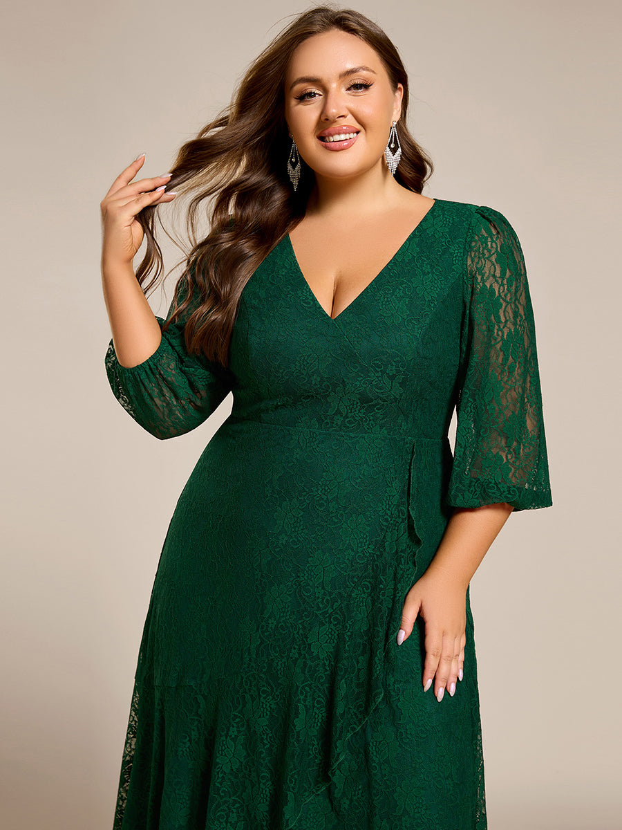 Romantic Long Sleeve High-Low Lace Wedding Guest Dress with Ruffle Details #color_Dark Green