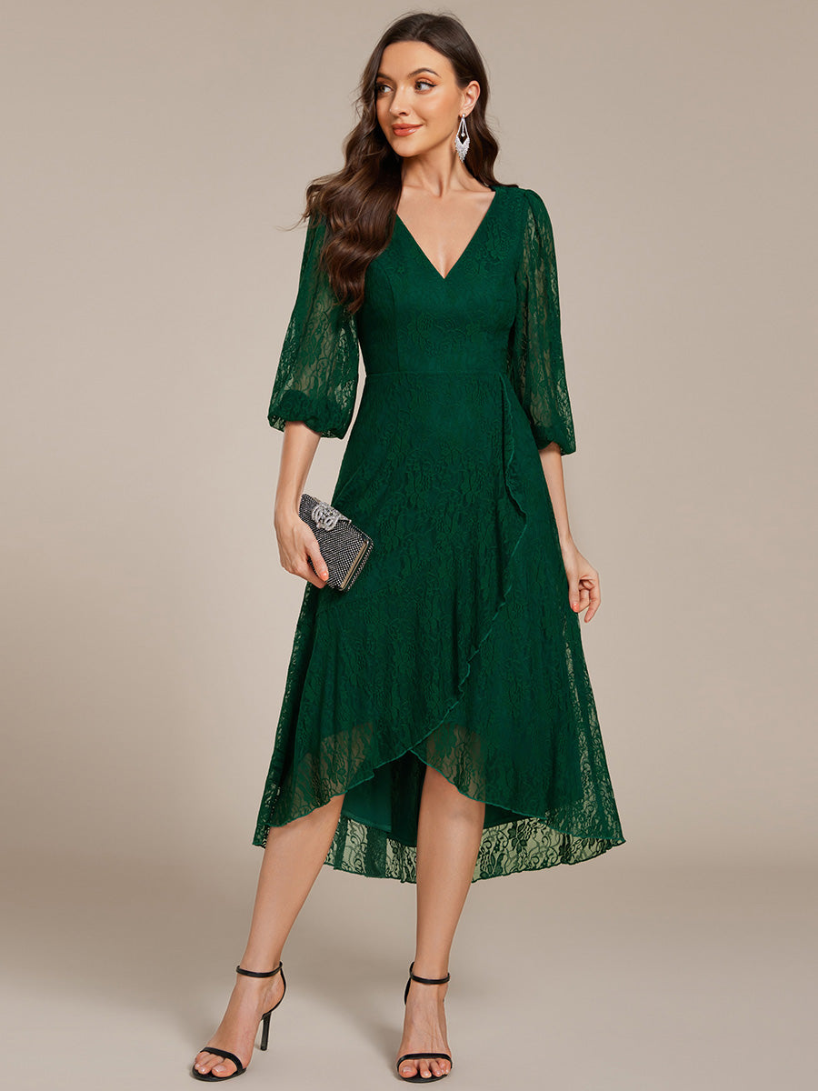 Romantic Long Sleeve High-Low Lace Wedding Guest Dress with Ruffle Details #color_Dark Green