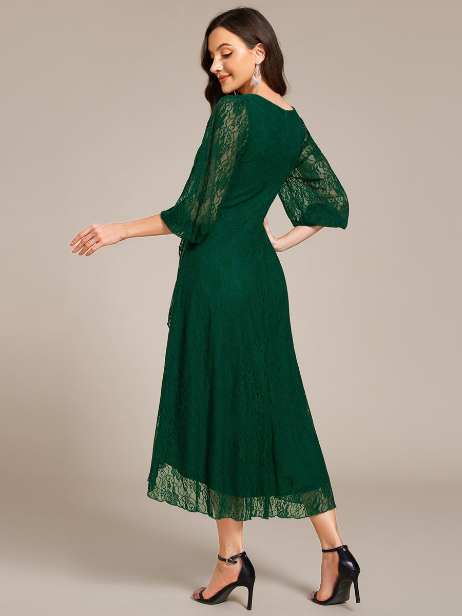 Romantic Long Sleeve High-Low Lace Wedding Guest Dress with Ruffle Details #color_Dark Green