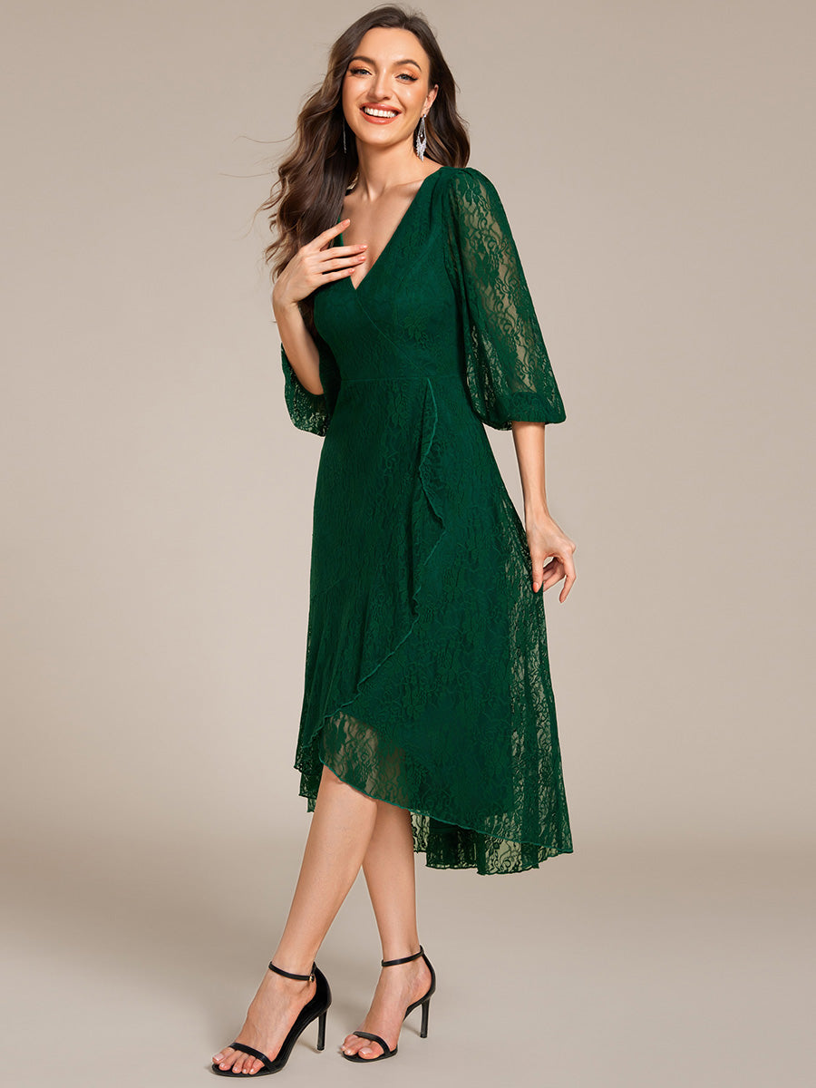 Romantic Long Sleeve High-Low Lace Wedding Guest Dress with Ruffle Details #color_Dark Green