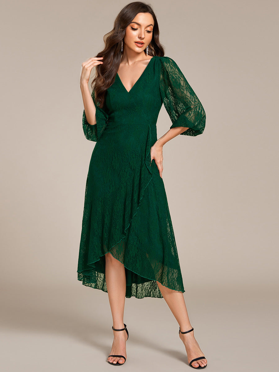 Romantic Long Sleeve High-Low Lace Wedding Guest Dress with Ruffle Details #color_Dark Green