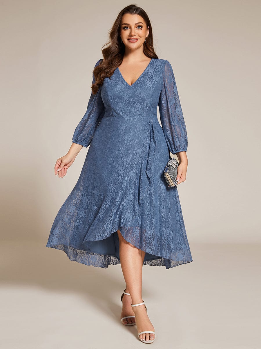 Romantic Long Sleeve High-Low Lace Wedding Guest Dress with Ruffle Details #color_Dusty Navy