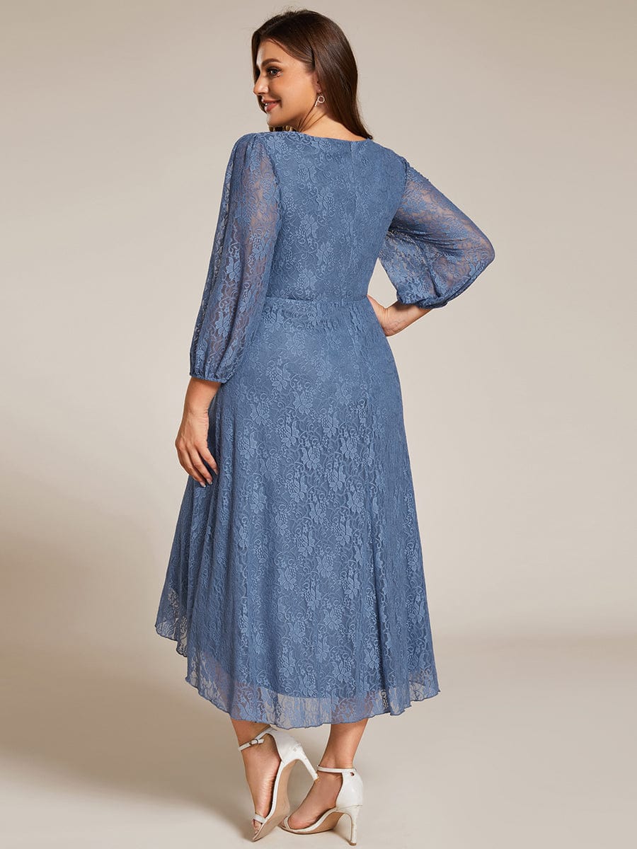 Romantic Long Sleeve High-Low Lace Wedding Guest Dress with Ruffle Details #color_Dusty Navy