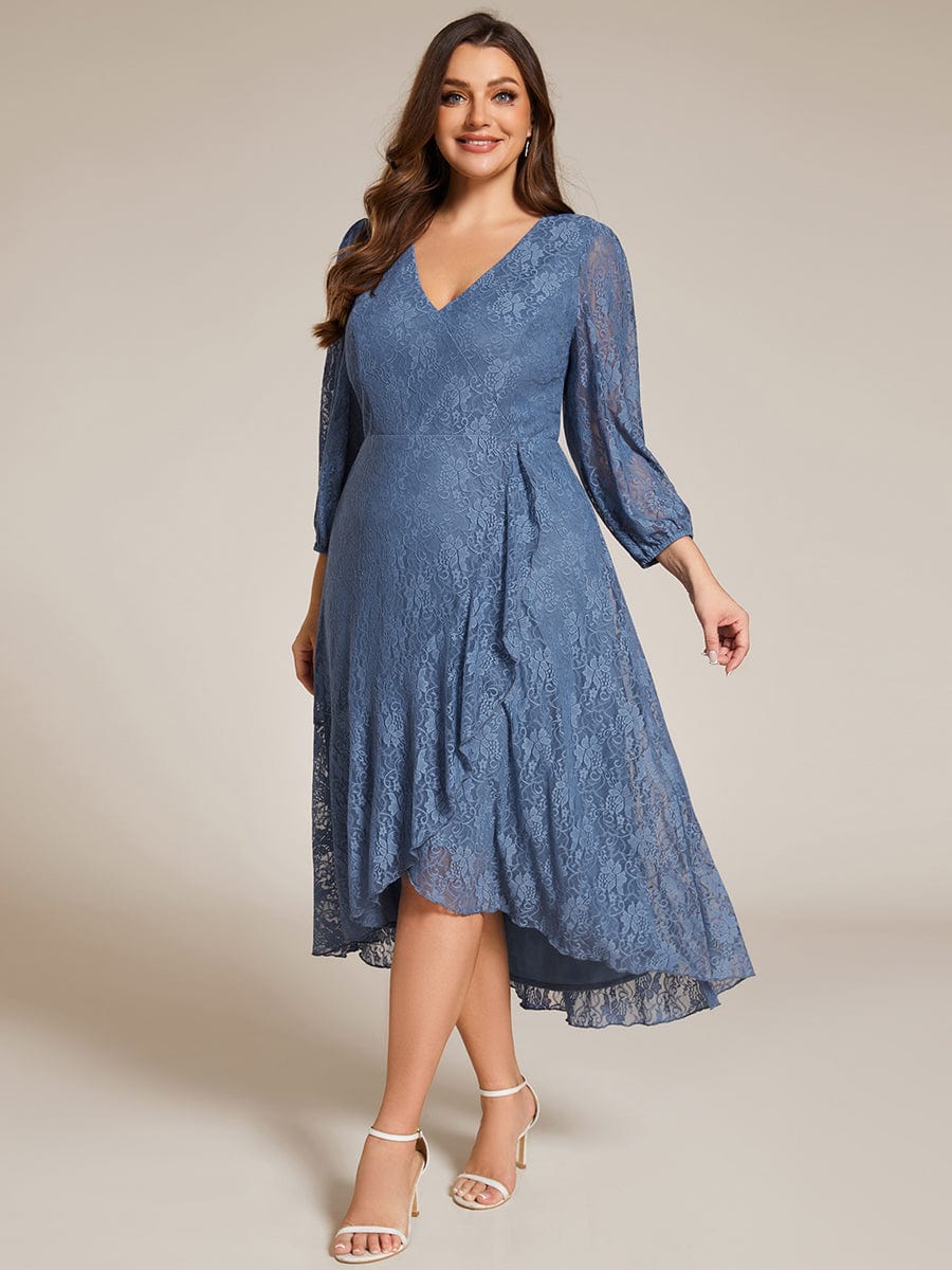 Romantic Long Sleeve High-Low Lace Wedding Guest Dress with Ruffle Details #color_Dusty Navy