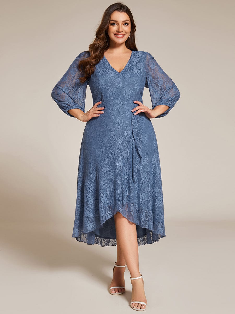 Romantic Long Sleeve High-Low Lace Wedding Guest Dress with Ruffle Details #color_Dusty Navy