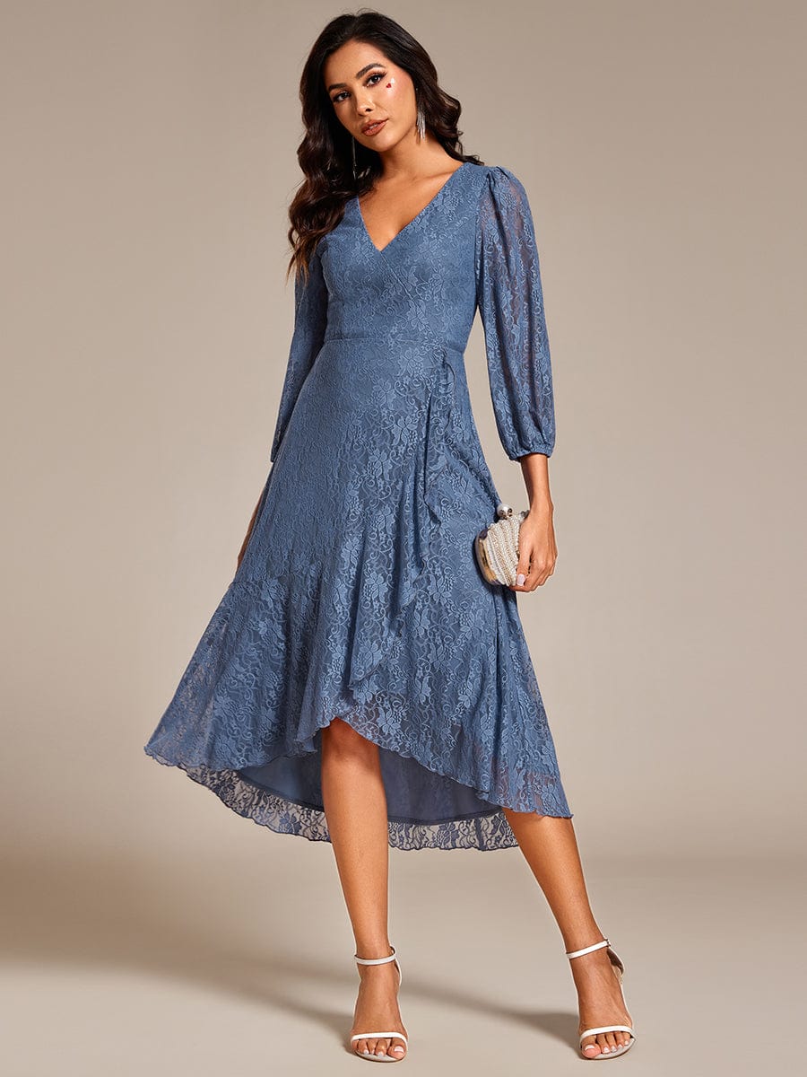 Romantic Long Sleeve High-Low Lace Wedding Guest Dress with Ruffle Details #color_Dusty Navy