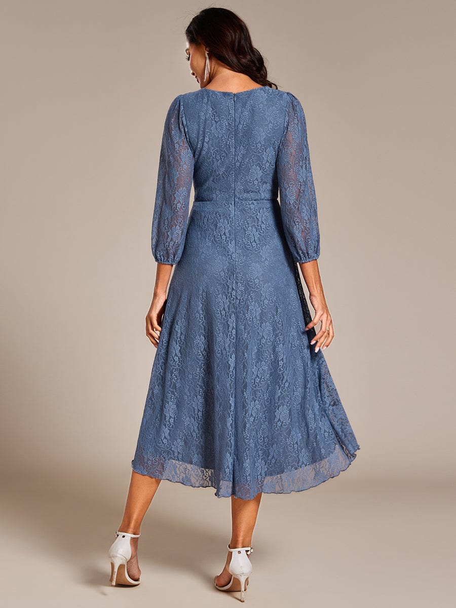 Romantic Long Sleeve High-Low Lace Wedding Guest Dress with Ruffle Details #color_Dusty Navy