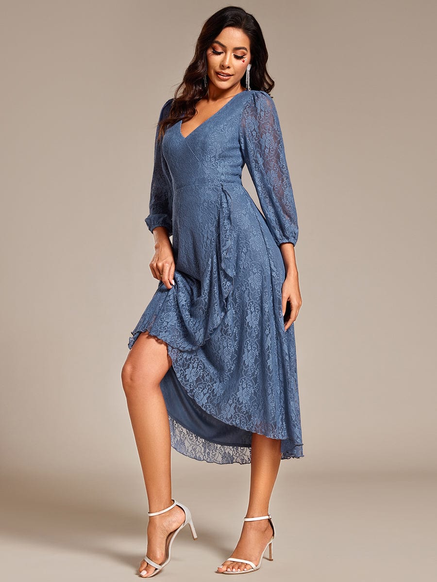 Romantic Long Sleeve High-Low Lace Wedding Guest Dress with Ruffle Details #color_Dusty Navy