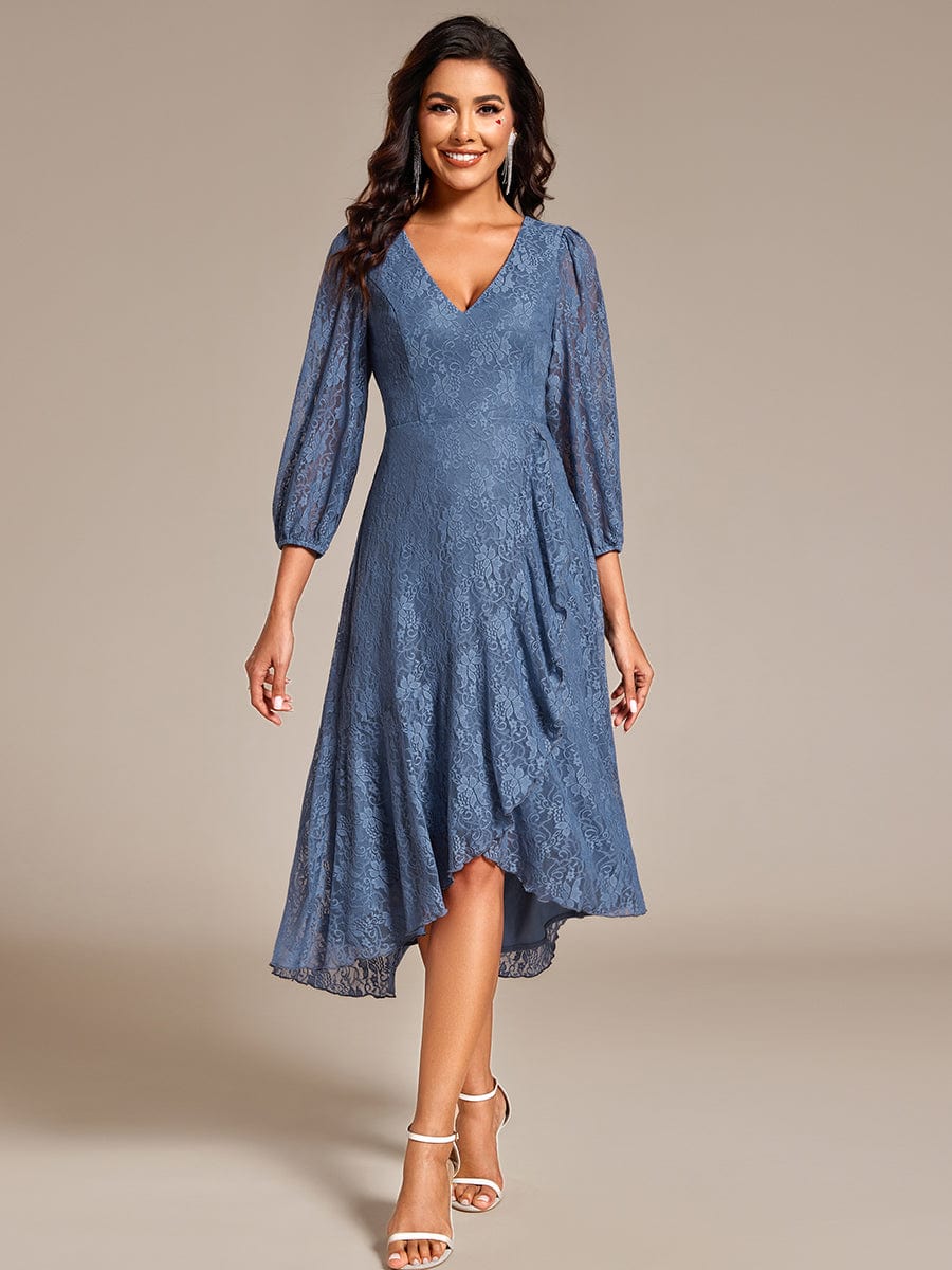 Romantic Long Sleeve High-Low Lace Wedding Guest Dress with Ruffle Details #color_Dusty Navy