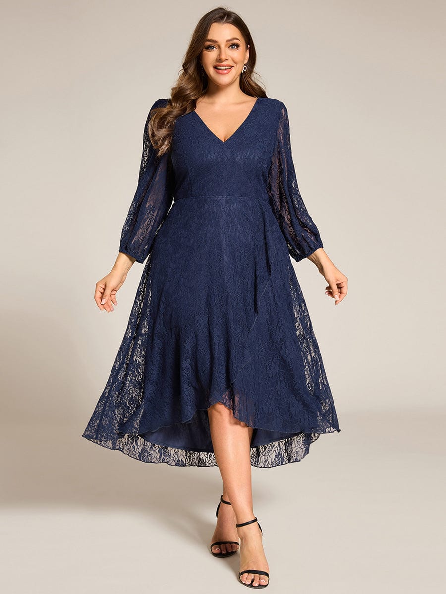 Romantic Long Sleeve High-Low Lace Wedding Guest Dress with Ruffle Details #color_Navy Blue