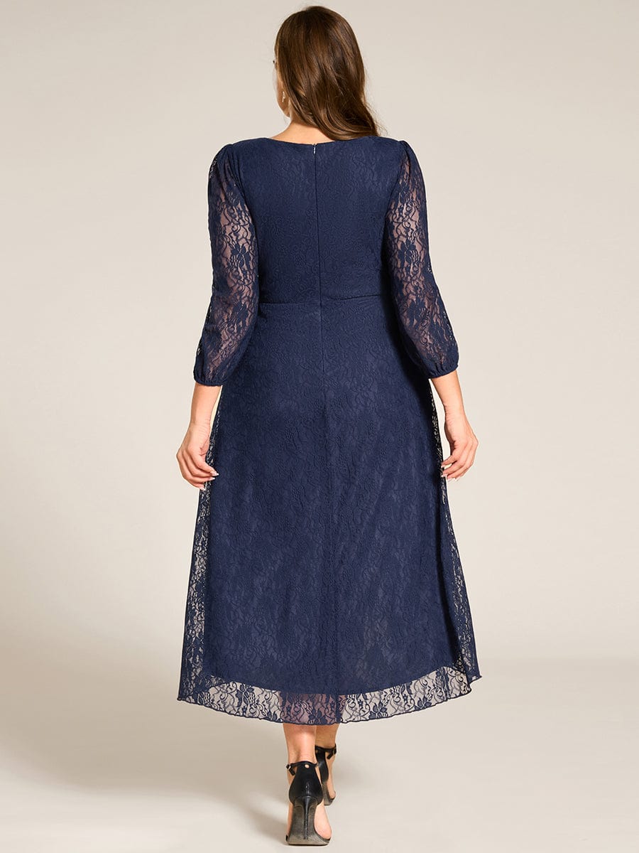 Romantic Long Sleeve High-Low Lace Wedding Guest Dress with Ruffle Details #color_Navy Blue