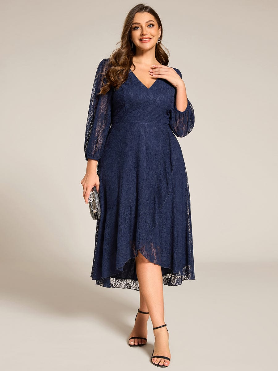 Romantic Long Sleeve High-Low Lace Wedding Guest Dress with Ruffle Details #color_Navy Blue