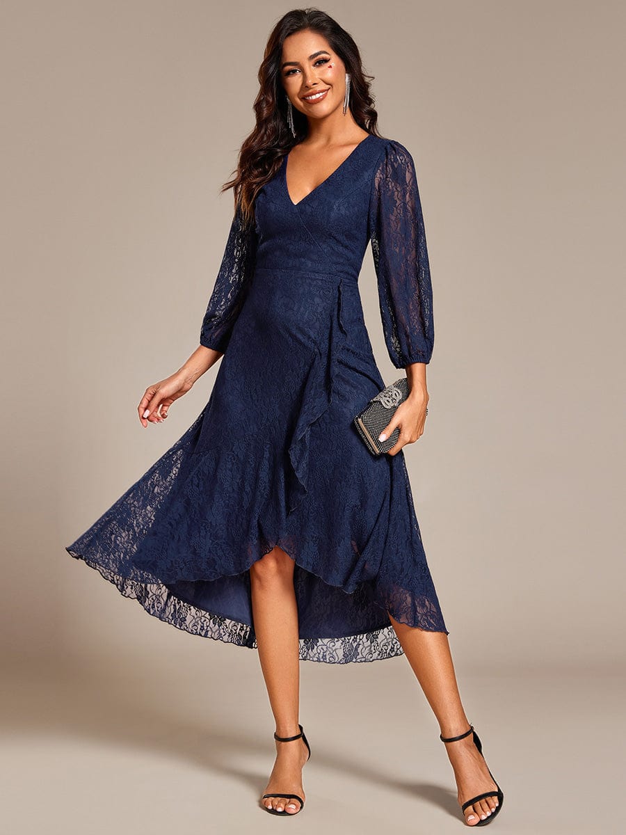 Romantic Lace High Low Wedding Guest Dress with Long Sleeves Ever Pretty UK