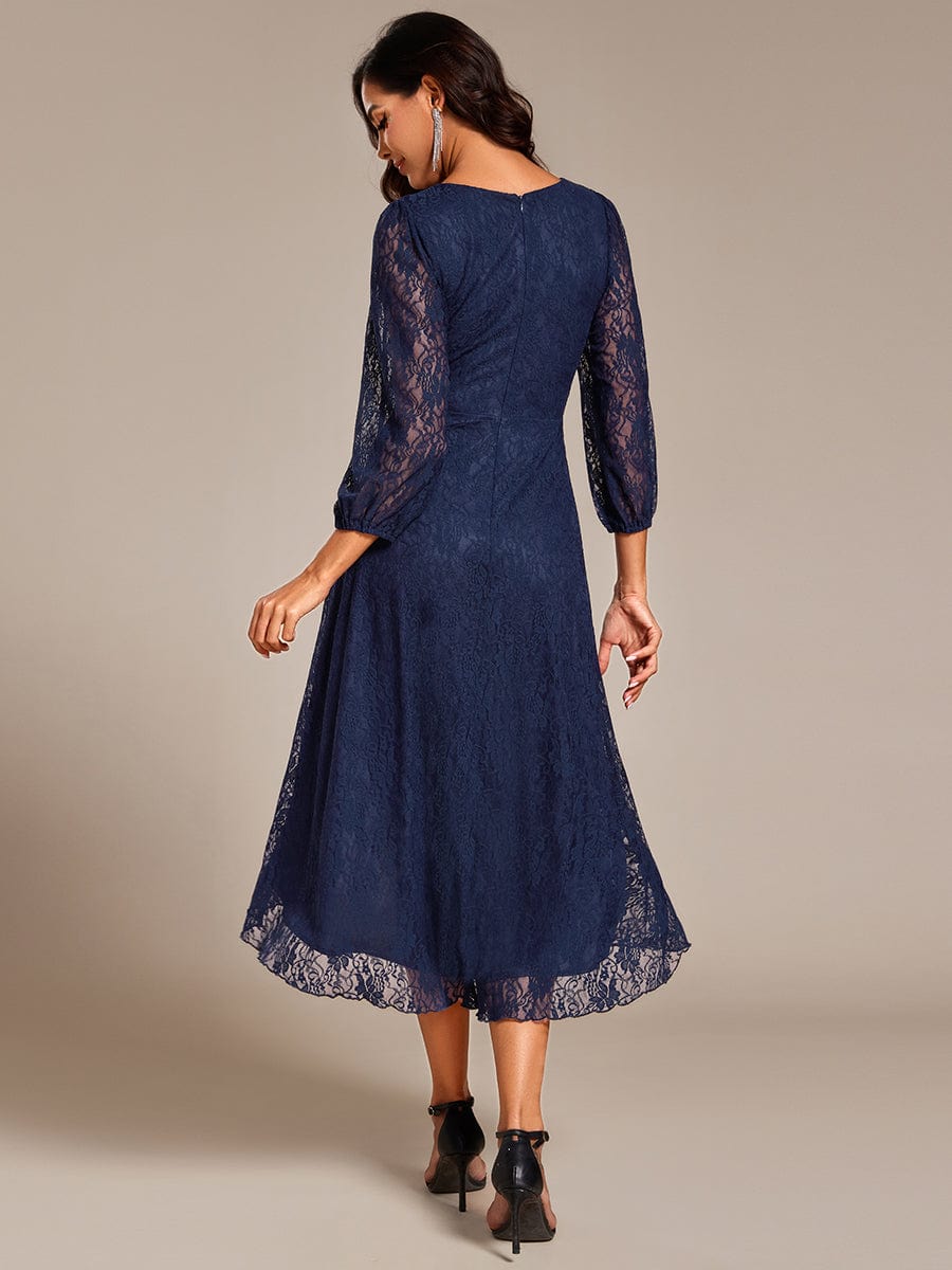 Romantic Long Sleeve High-Low Lace Wedding Guest Dress with Ruffle Details #color_Navy Blue