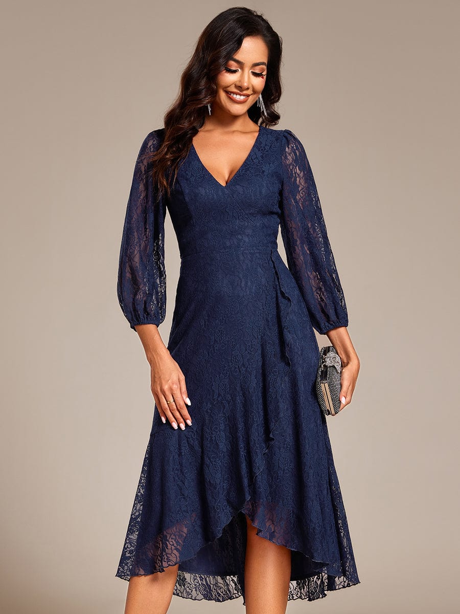 Romantic Long Sleeve High-Low Lace Wedding Guest Dress with Ruffle Details #color_Navy Blue