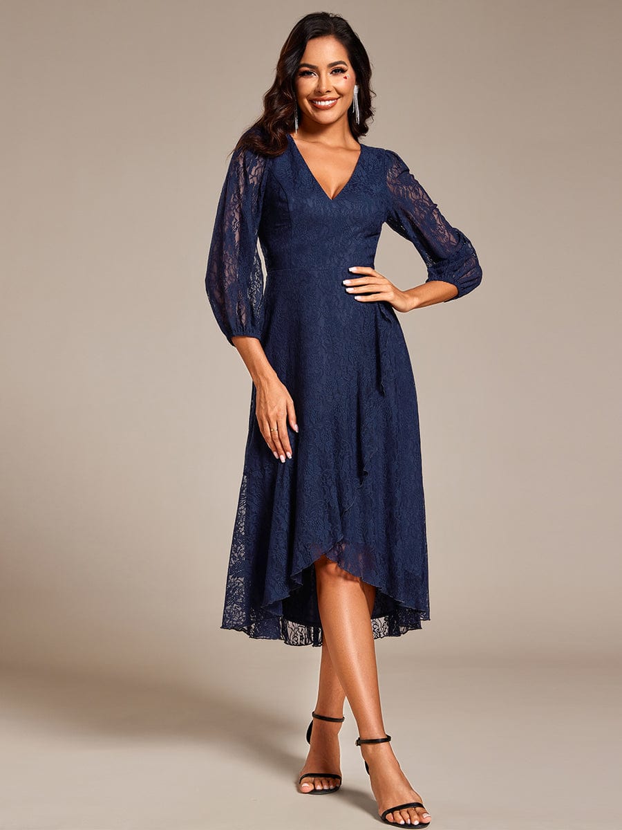 Romantic Long Sleeve High-Low Lace Wedding Guest Dress with Ruffle Details #color_Navy Blue