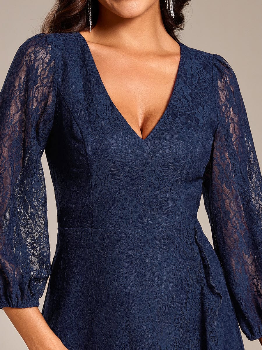 Romantic Long Sleeve High-Low Lace Wedding Guest Dress with Ruffle Details #color_Navy Blue