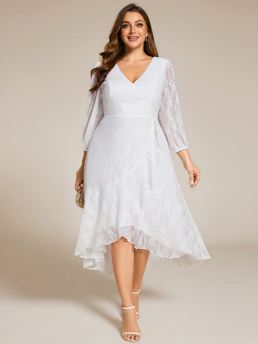 Romantic Long Sleeve High-Low Lace Wedding Guest Dress with Ruffle Details #color_White