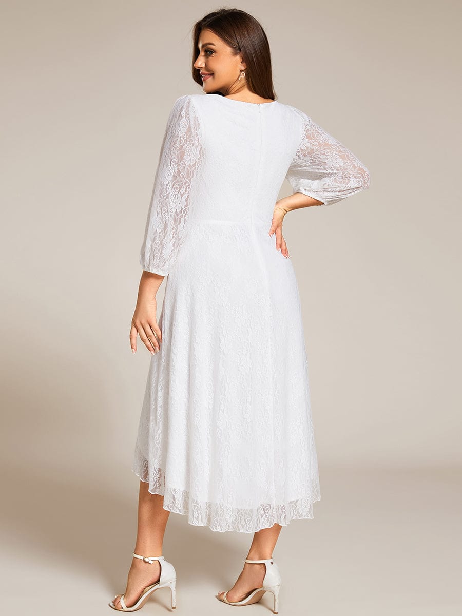 Romantic Long Sleeve High-Low Lace Wedding Guest Dress with Ruffle Details #color_White