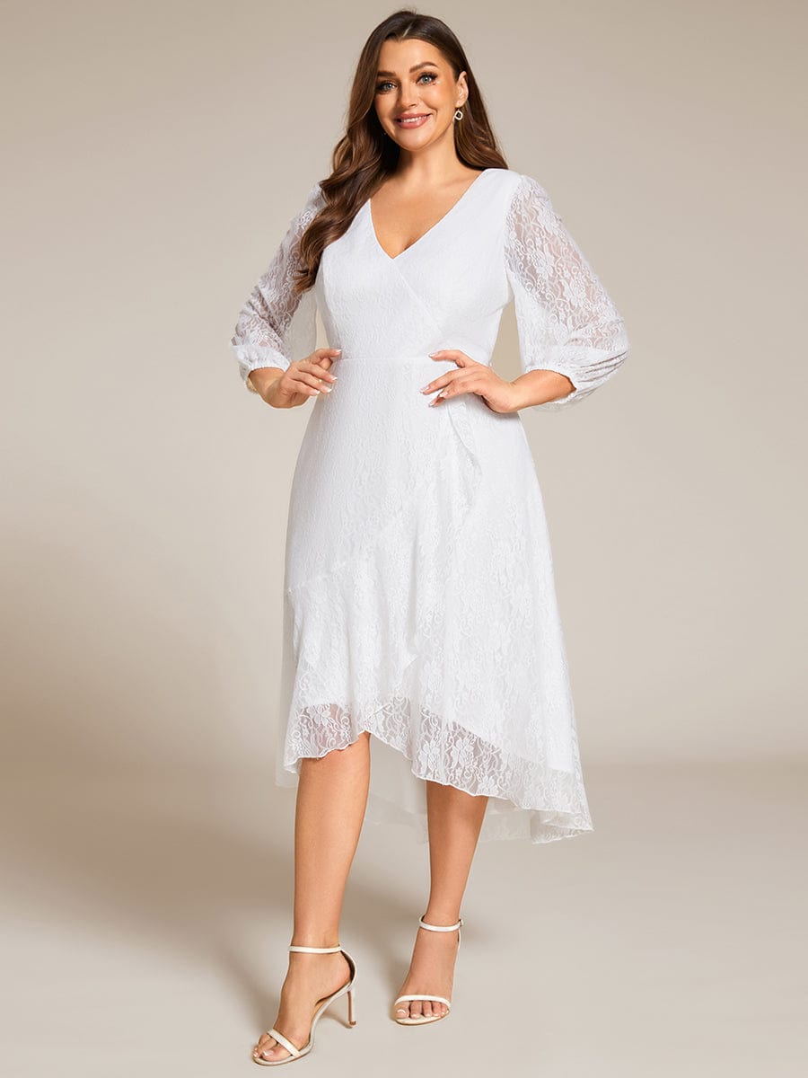 Romantic Long Sleeve High-Low Lace Wedding Guest Dress with Ruffle Details #color_White