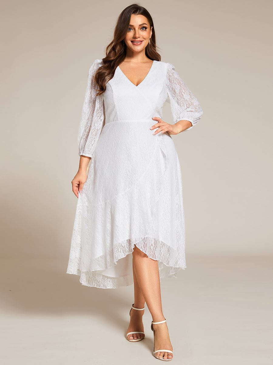 Romantic Long Sleeve High-Low Lace Wedding Guest Dress with Ruffle Details #color_White