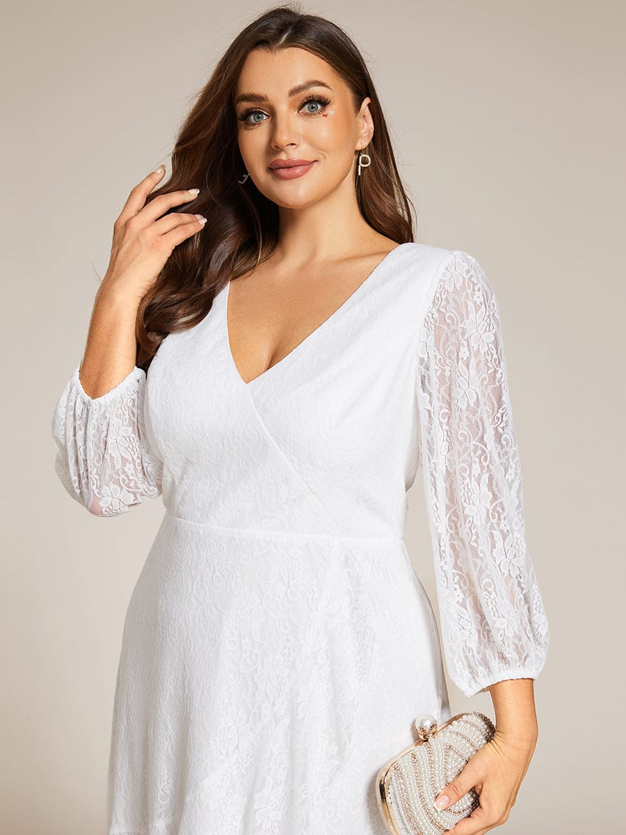 Romantic Long Sleeve High-Low Lace Wedding Guest Dress with Ruffle Details #color_White