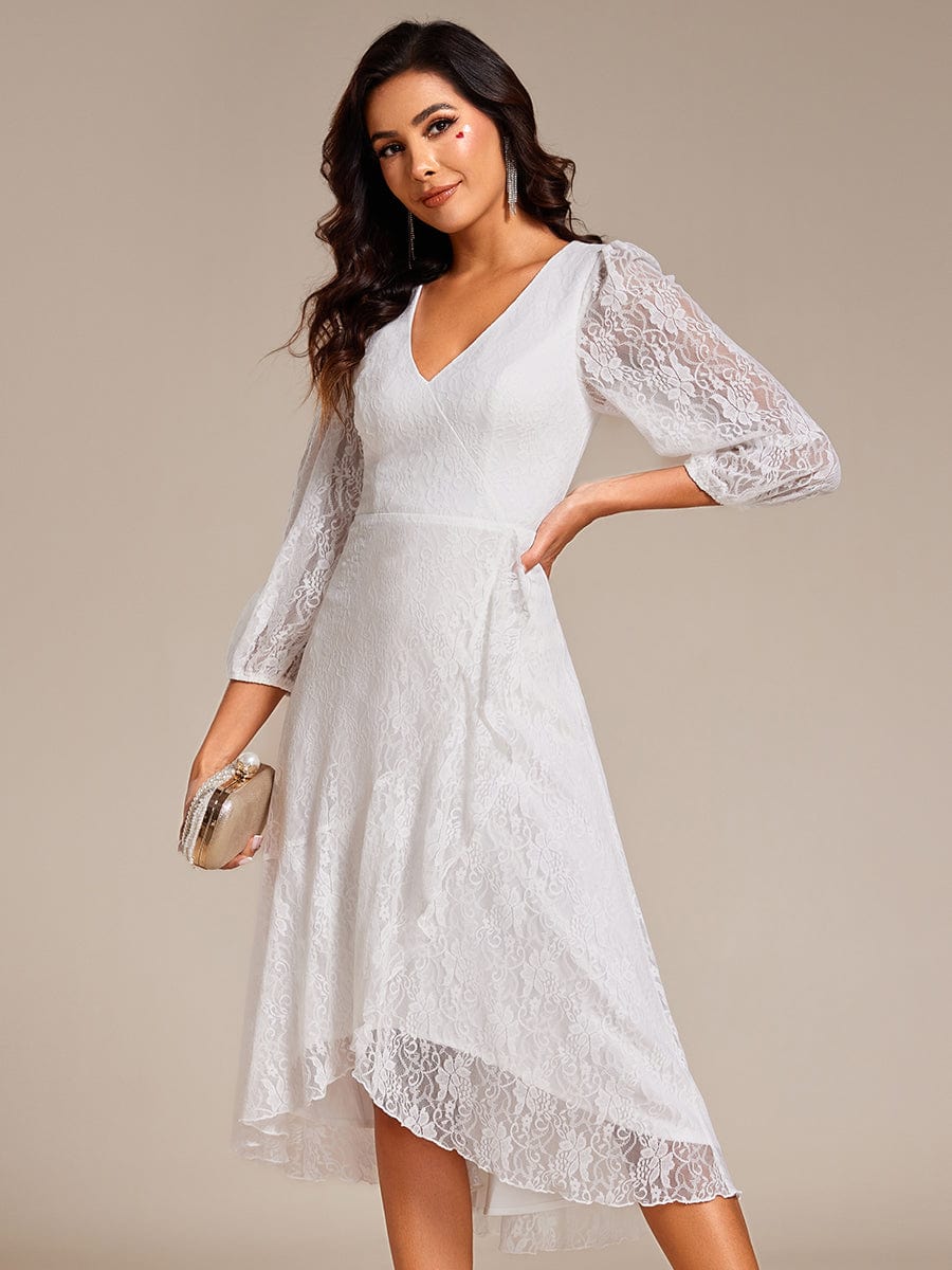 Romantic Long Sleeve High-Low Lace Wedding Guest Dress with Ruffle Details #color_White