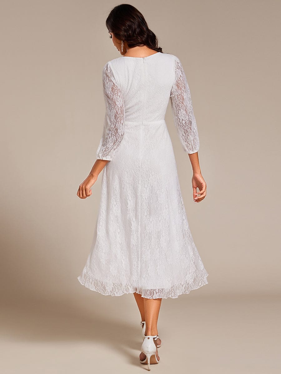 Romantic Long Sleeve High-Low Lace Wedding Guest Dress with Ruffle Details #color_White