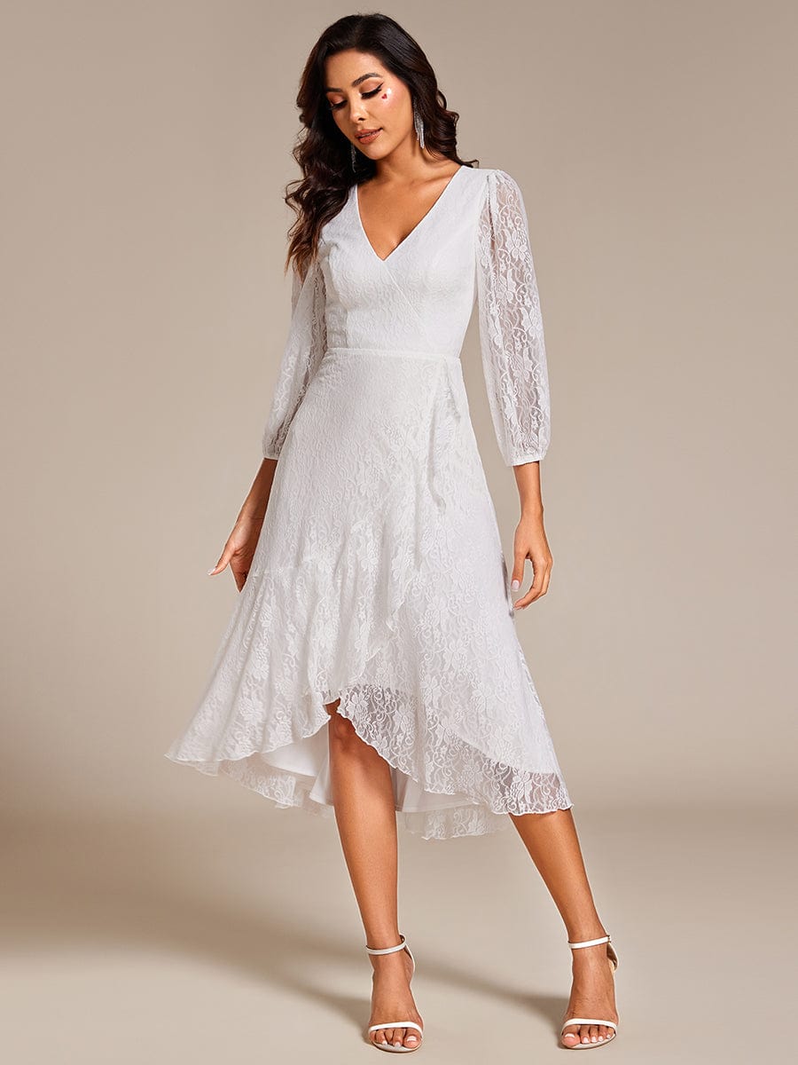 Romantic Long Sleeve High-Low Lace Wedding Guest Dress with Ruffle Details #color_White