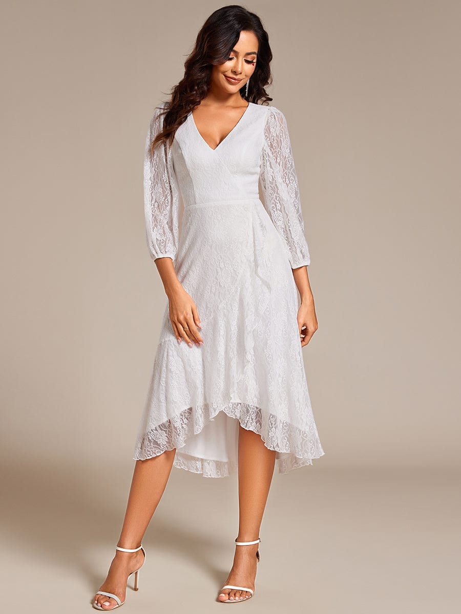 Romantic Long Sleeve High-Low Lace Wedding Guest Dress with Ruffle Details #color_White