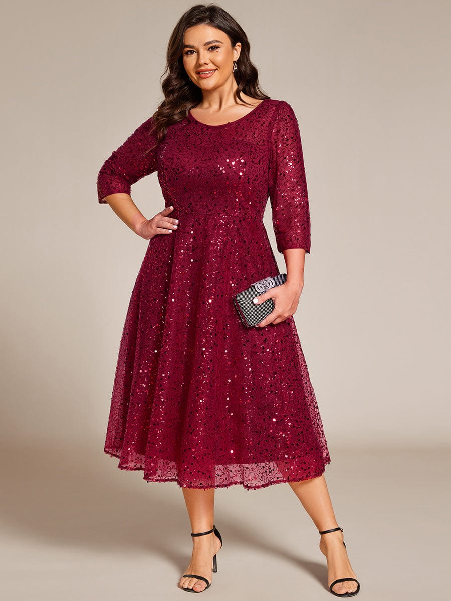 Dazzling Sequin A-Line Midi Wedding Guest Dress with Long Sleeves #color_Burgundy