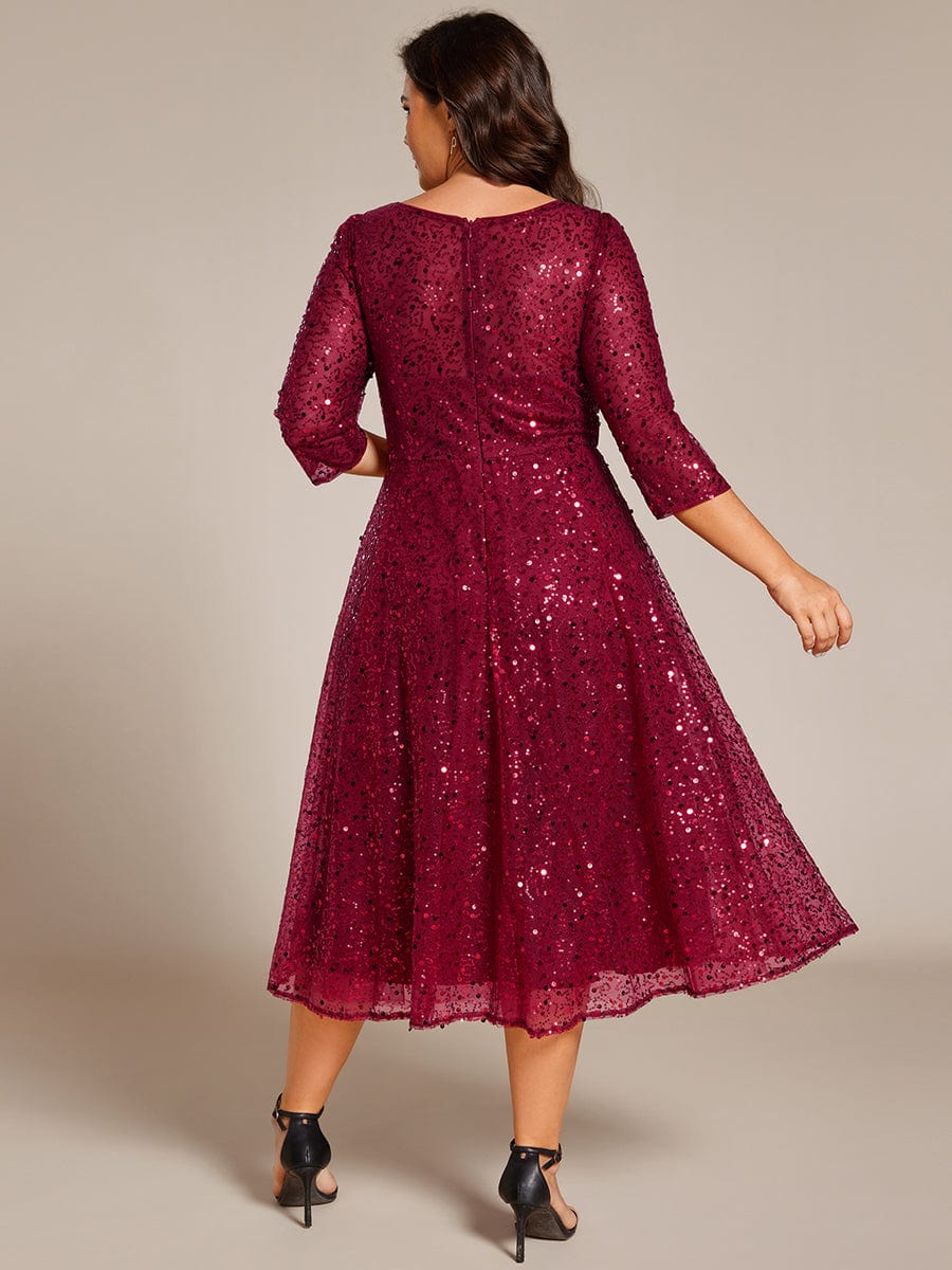 Dazzling Sequin A-Line Midi Wedding Guest Dress with Long Sleeves #color_Burgundy