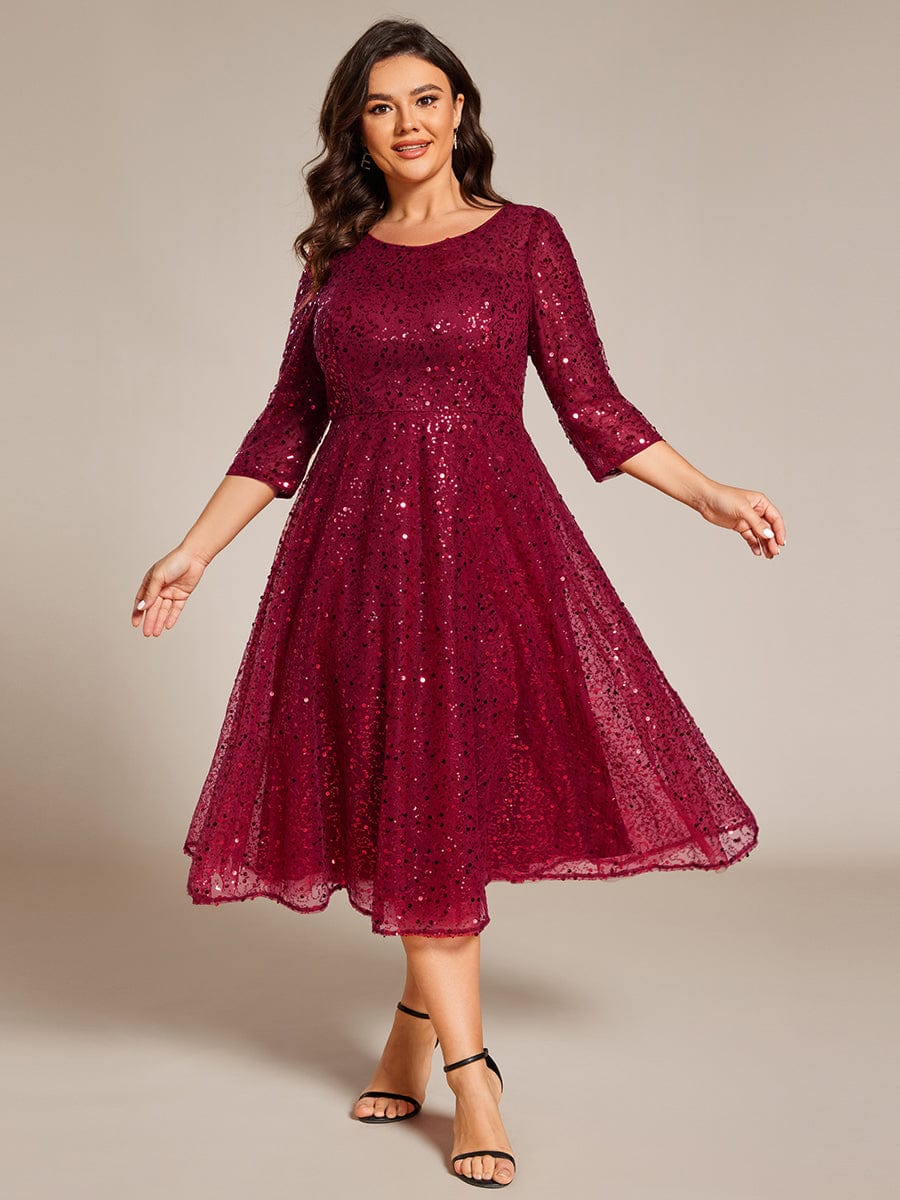 Dazzling Sequin A-Line Midi Wedding Guest Dress with Long Sleeves #color_Burgundy