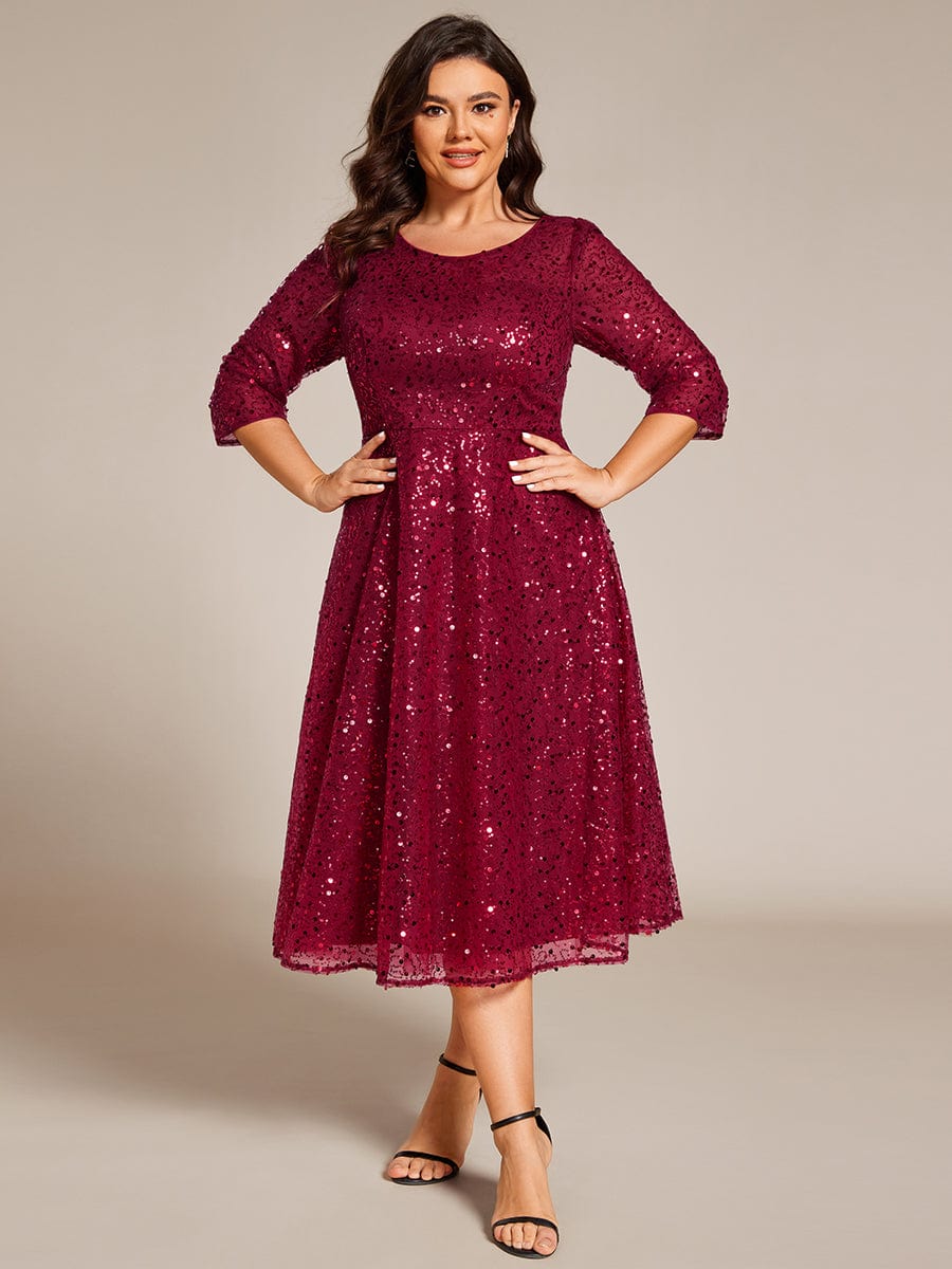 Dazzling Sequin A-Line Midi Wedding Guest Dress with Long Sleeves #color_Burgundy