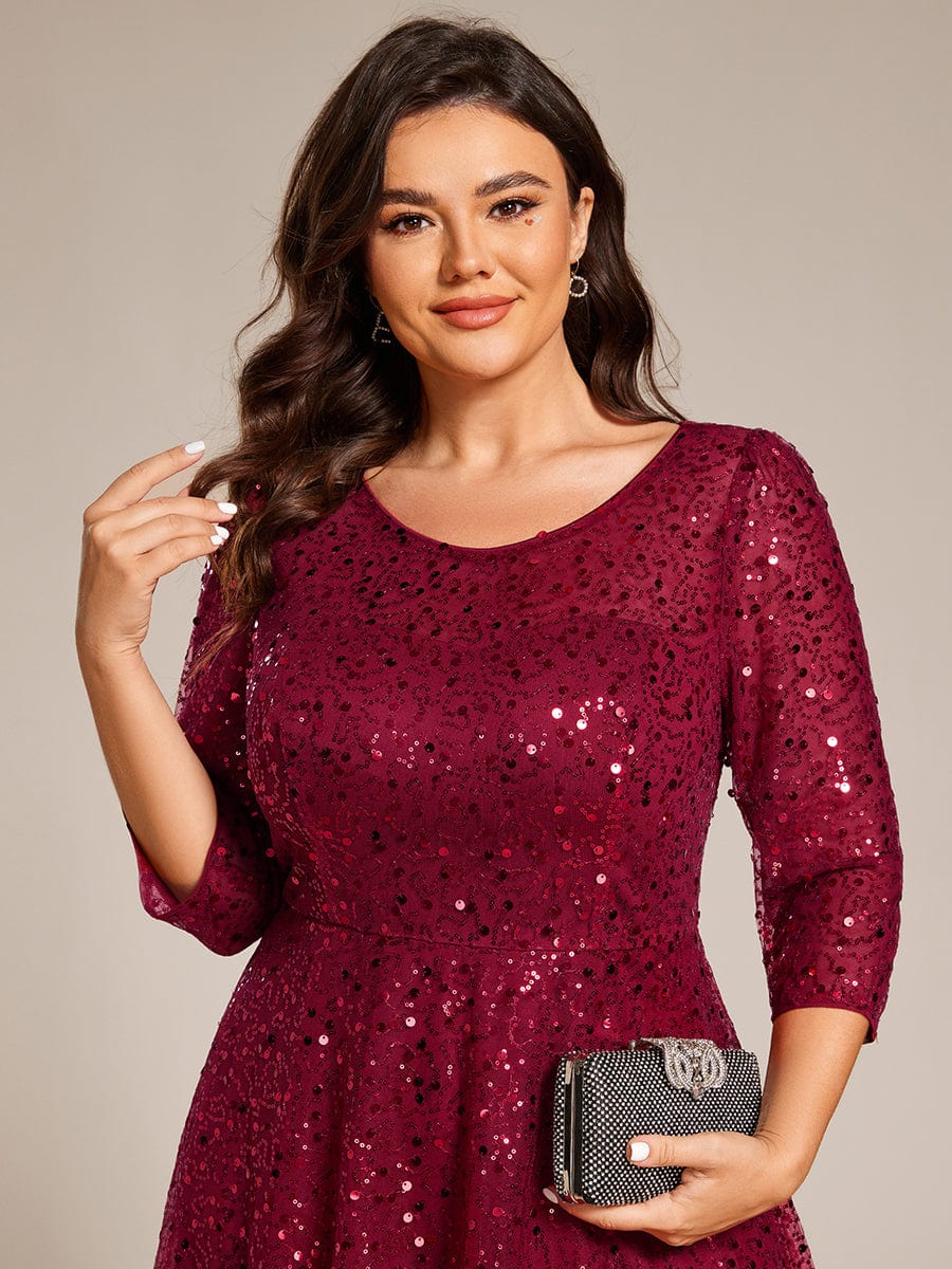 Dazzling Sequin A-Line Midi Wedding Guest Dress with Long Sleeves #color_Burgundy