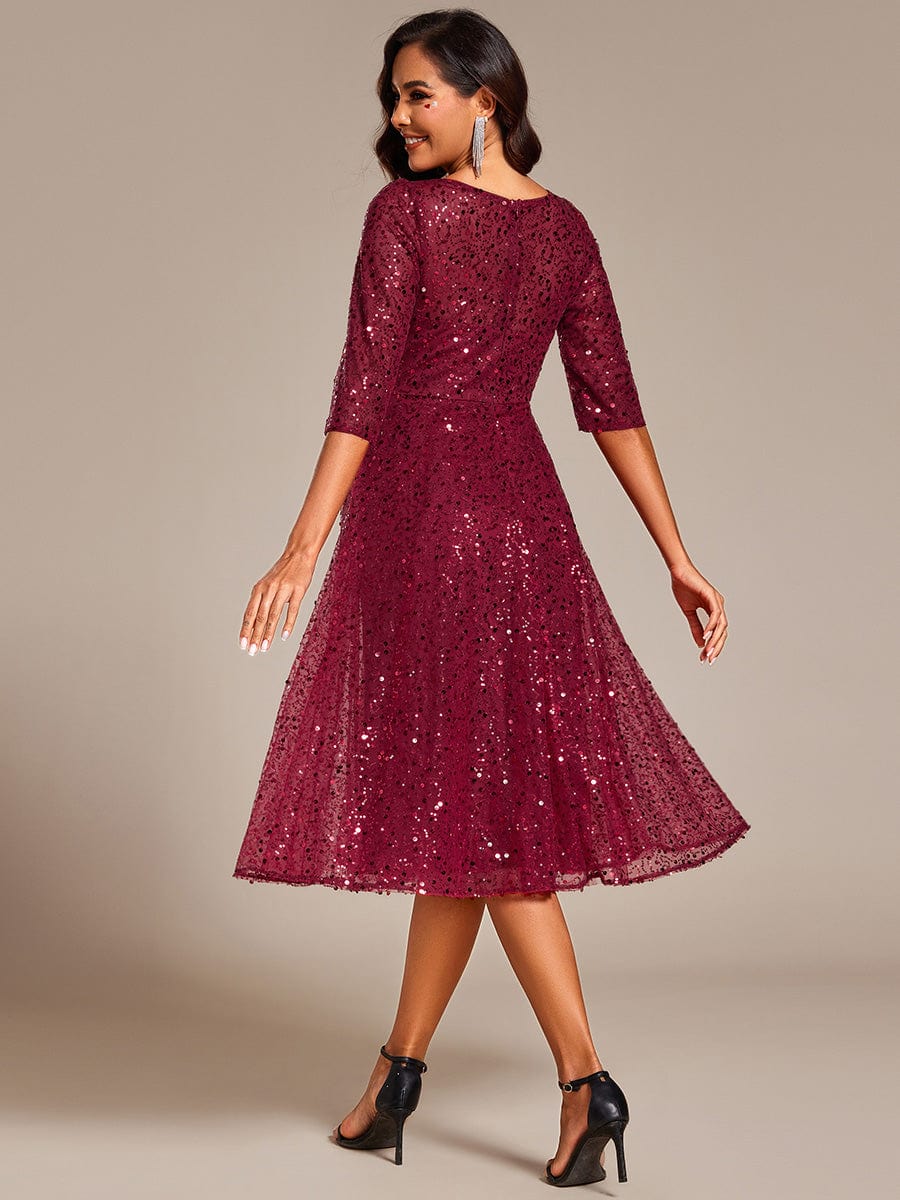 Dazzling Sequin A-Line Midi Wedding Guest Dress with Long Sleeves #color_Burgundy