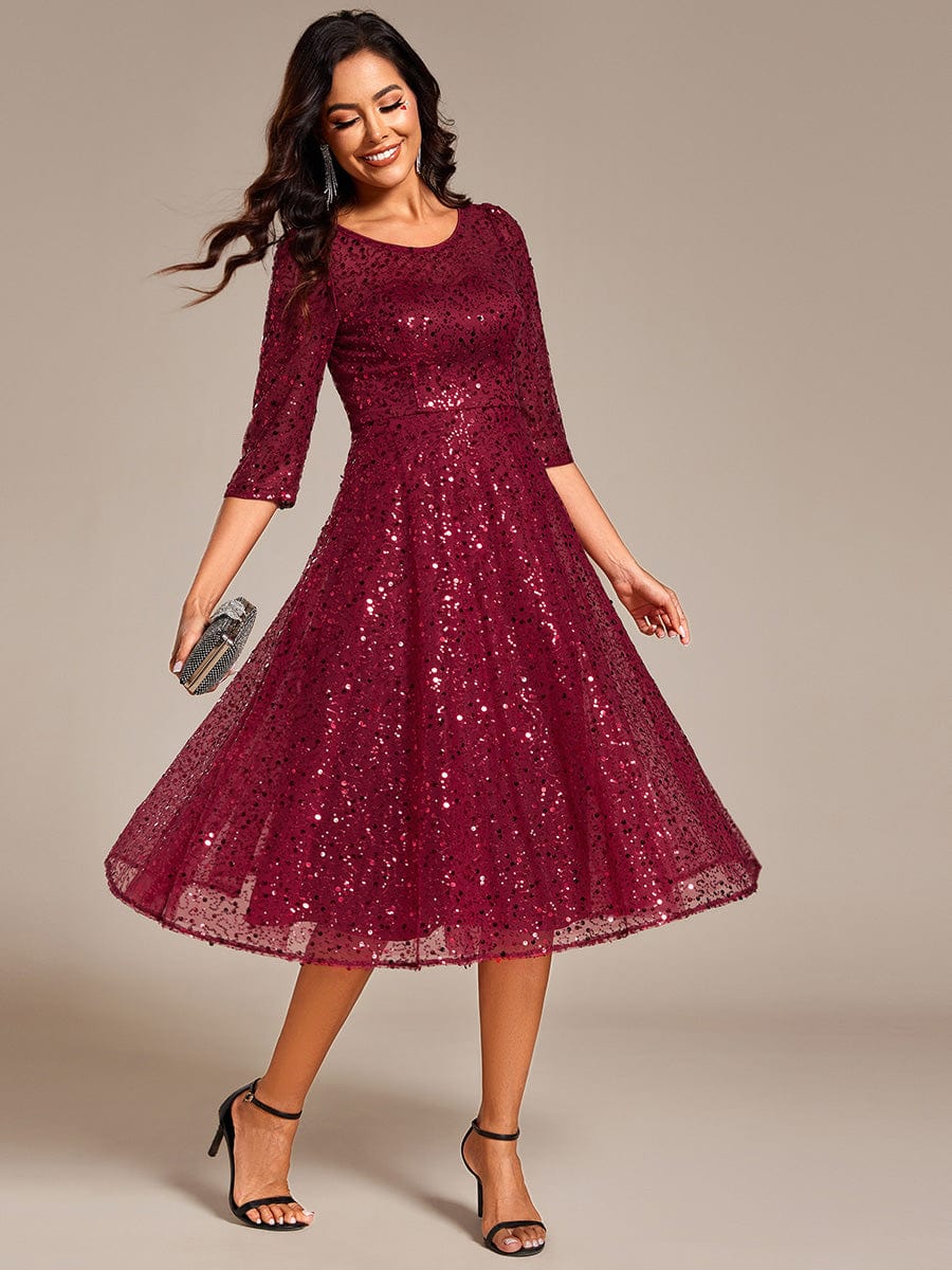 Dazzling Sequin A-Line Midi Wedding Guest Dress with Long Sleeves #color_Burgundy