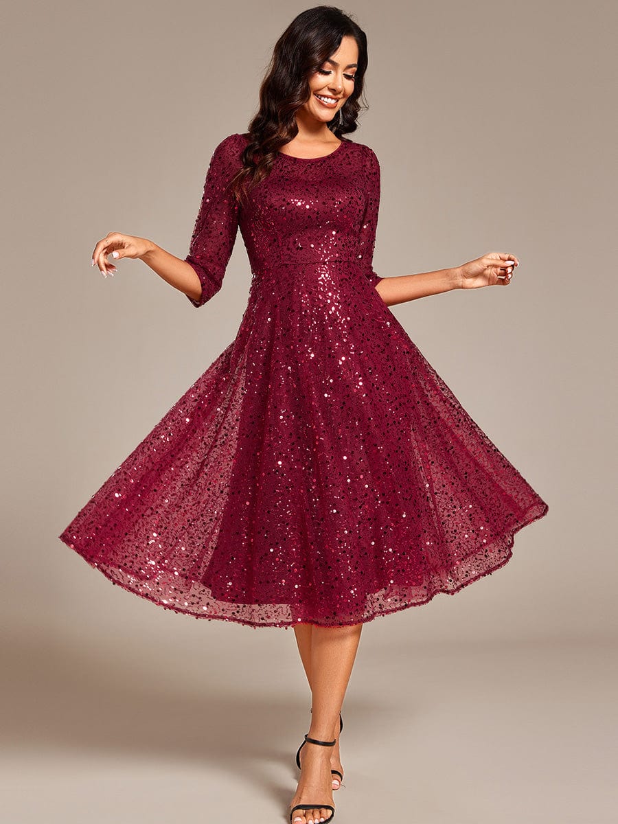 Dazzling Sequin A-Line Midi Wedding Guest Dress with Long Sleeves #color_Burgundy