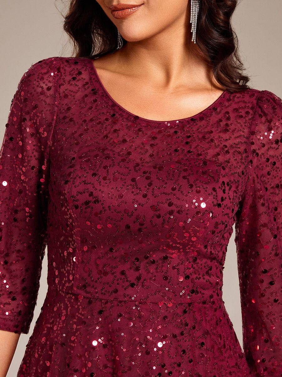 Dazzling Sequin A-Line Midi Wedding Guest Dress with Long Sleeves #color_Burgundy