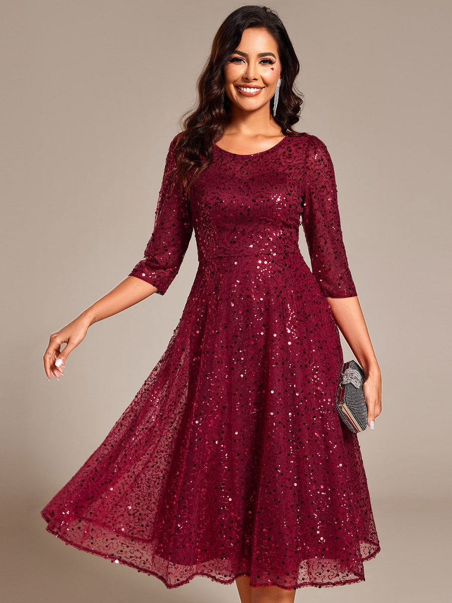 Dazzling Sequin A-Line Midi Wedding Guest Dress with Long Sleeves #color_Burgundy