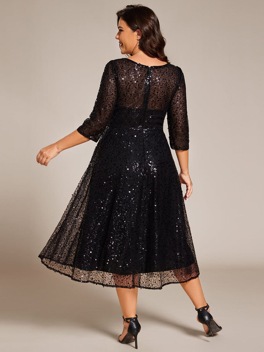 Dazzling Sequin A-Line Midi Wedding Guest Dress with Long Sleeves #color_Black